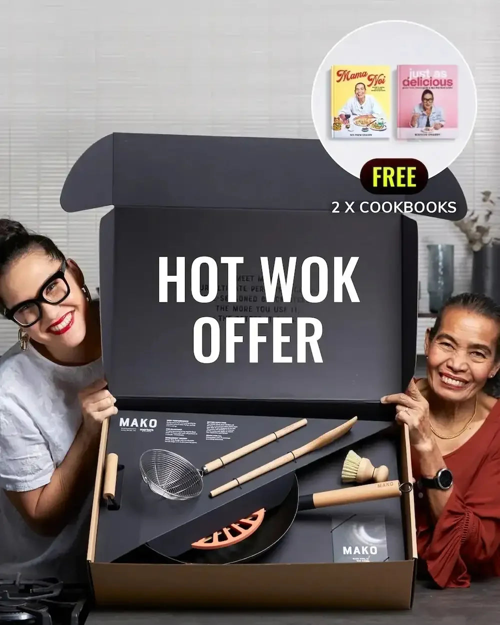 Hot wok cookware set with utensils in gift box, two women smiling, free cookbooks included