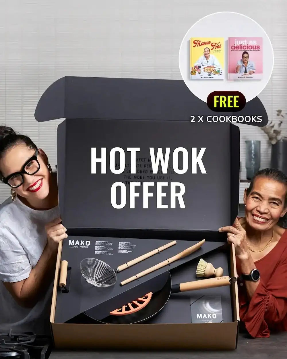 Hot wok cookware set with utensils in gift box, two women smiling, free cookbooks included