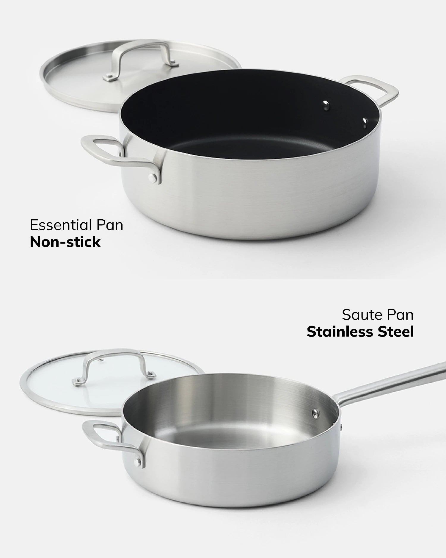 MAKO 5-Ply Chefs Set (9-Piece) - Non-Stick Essential Pan & Stainless Saute Pan up close CookDineHost