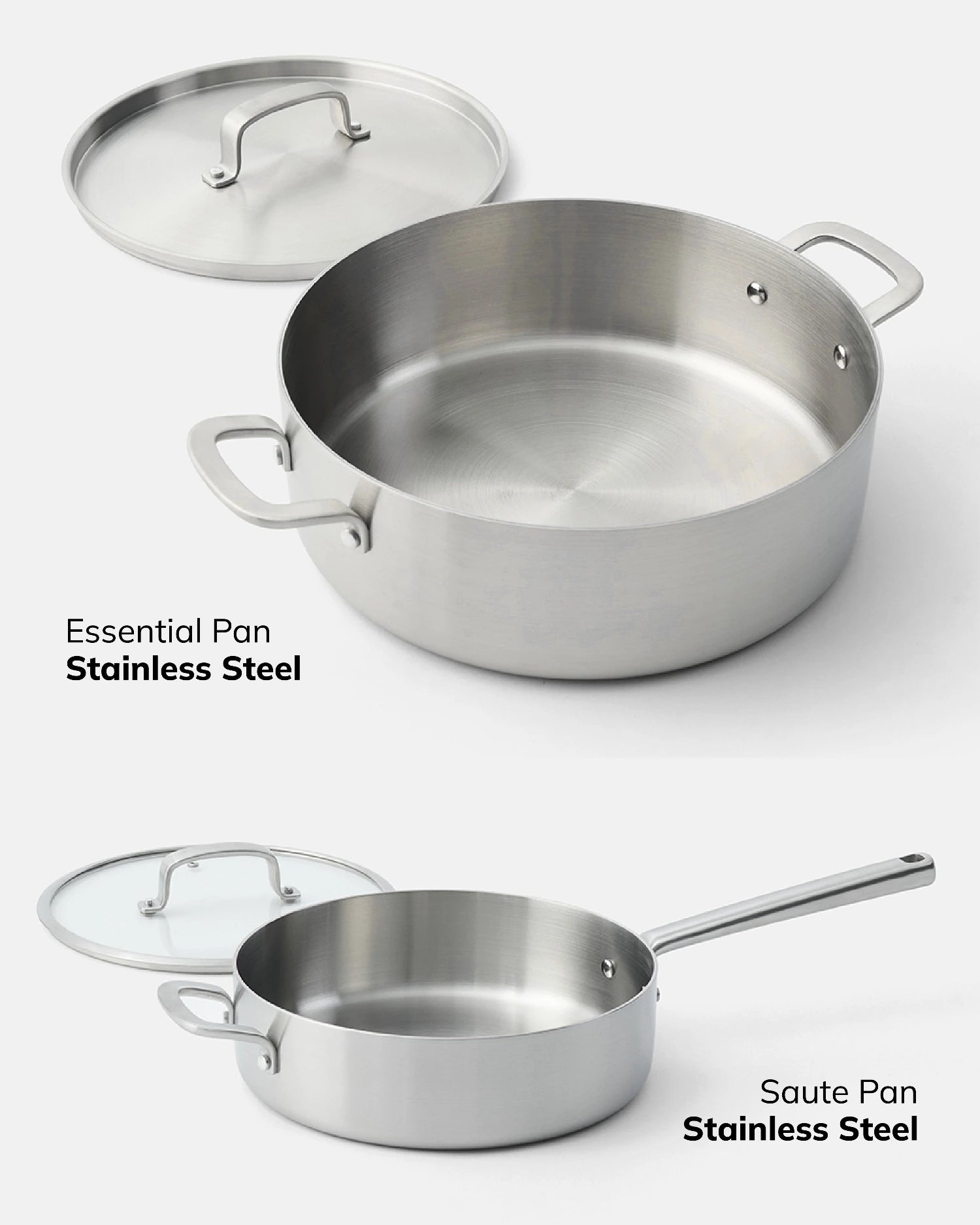 MAKO 5-Ply Chefs Set (9-Piece) Stainless Steel Essential & Saute Pan up close CookDine Host