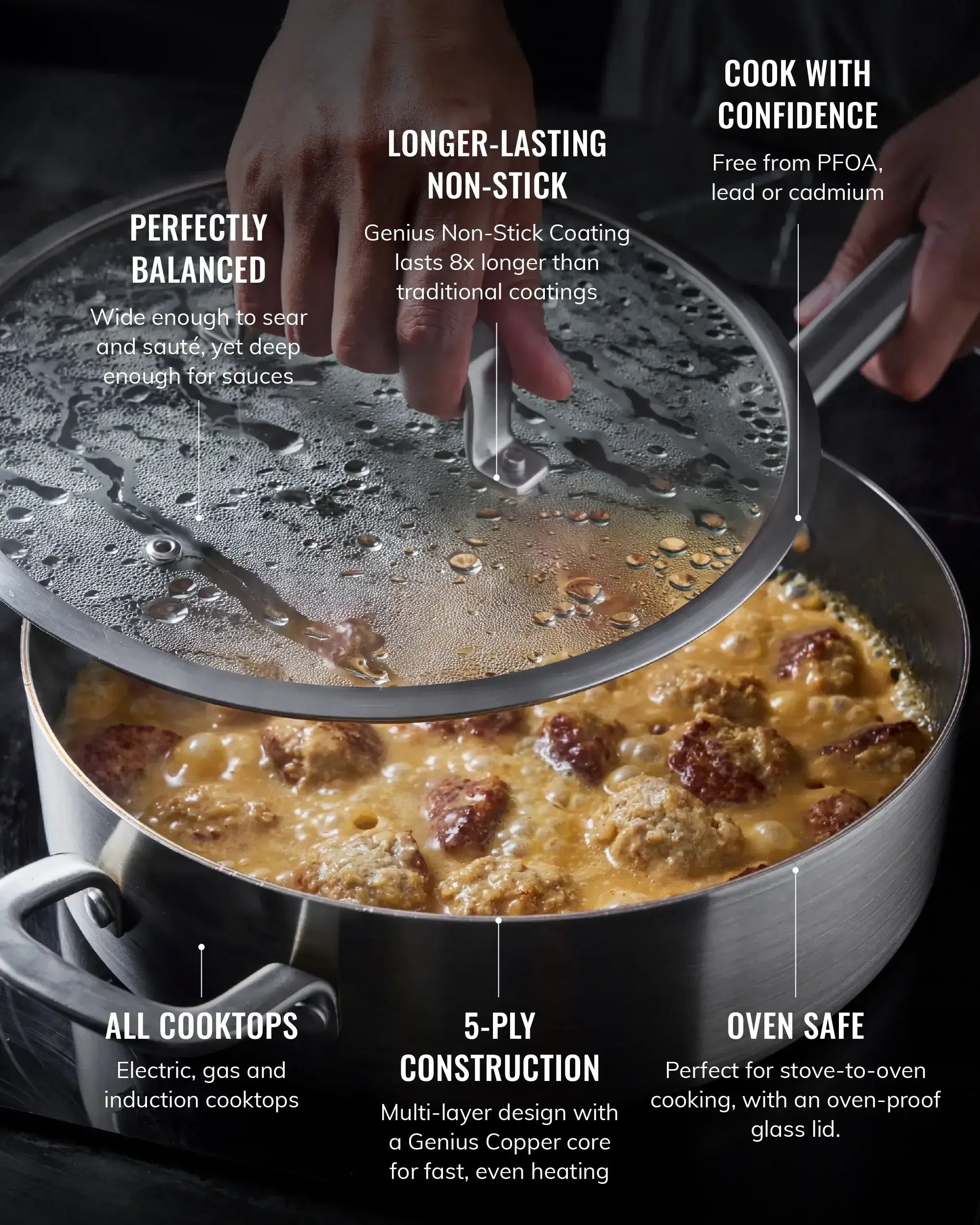 Stainless steel sauté pan with glass lid cooking meatballs in sauce on stovetop, non-stick and oven safe features highlighted.