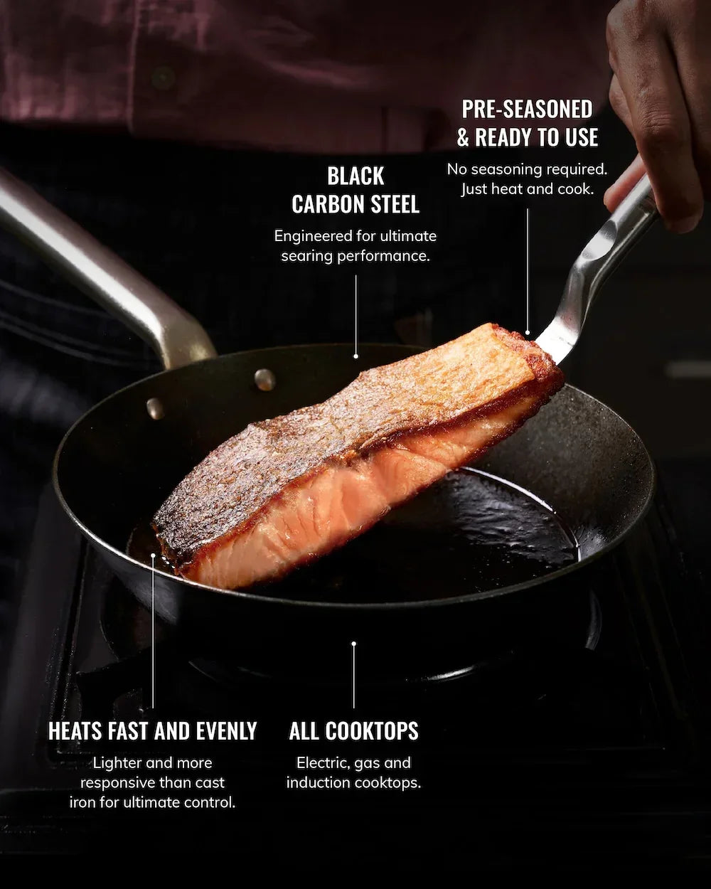 Black carbon steel frying pan searing salmon on stove, pre-seasoned, heats fast, fits all cooktops