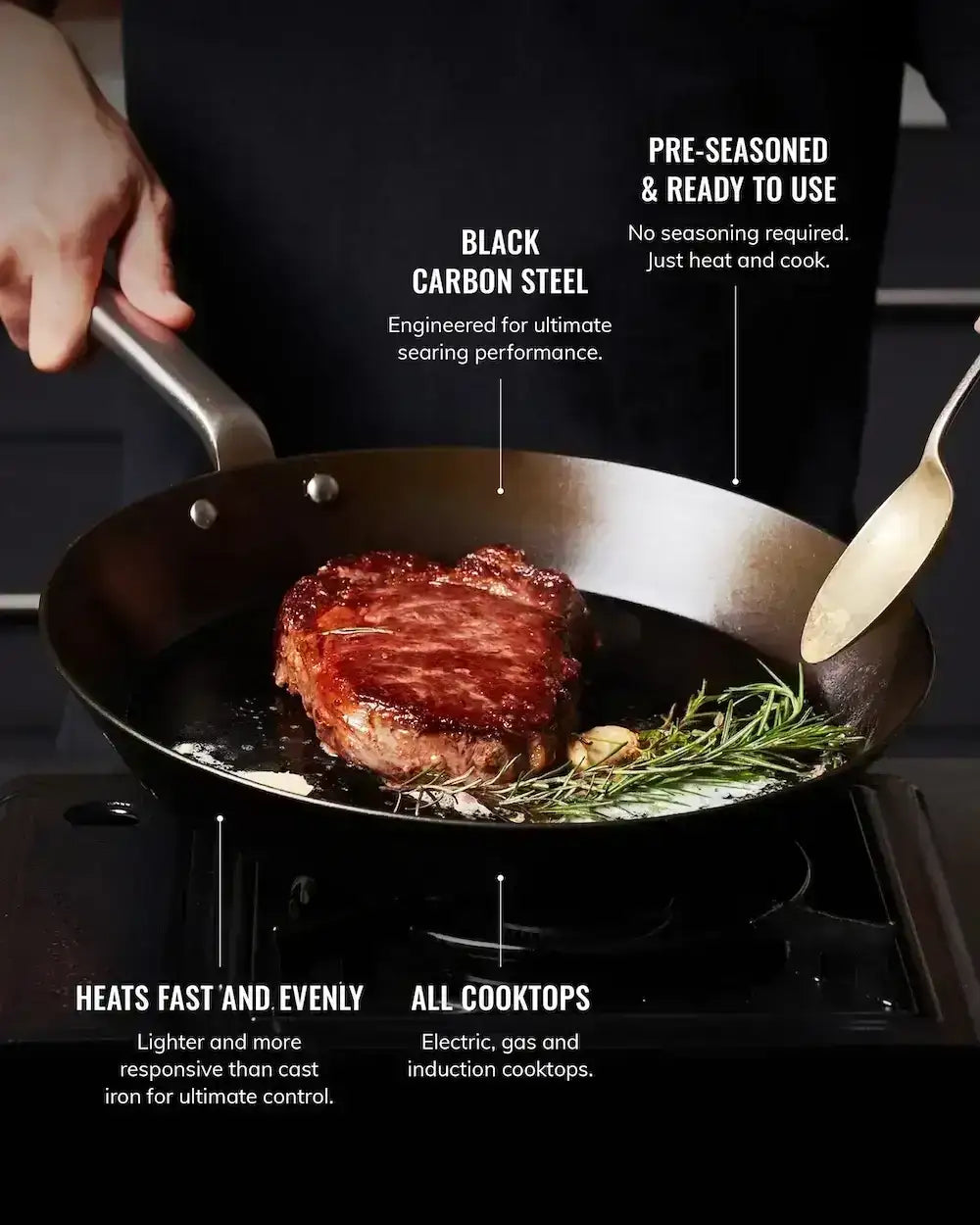 Black carbon steel pan by Marion Grasby searing steak with rosemary and garlic on gas stove