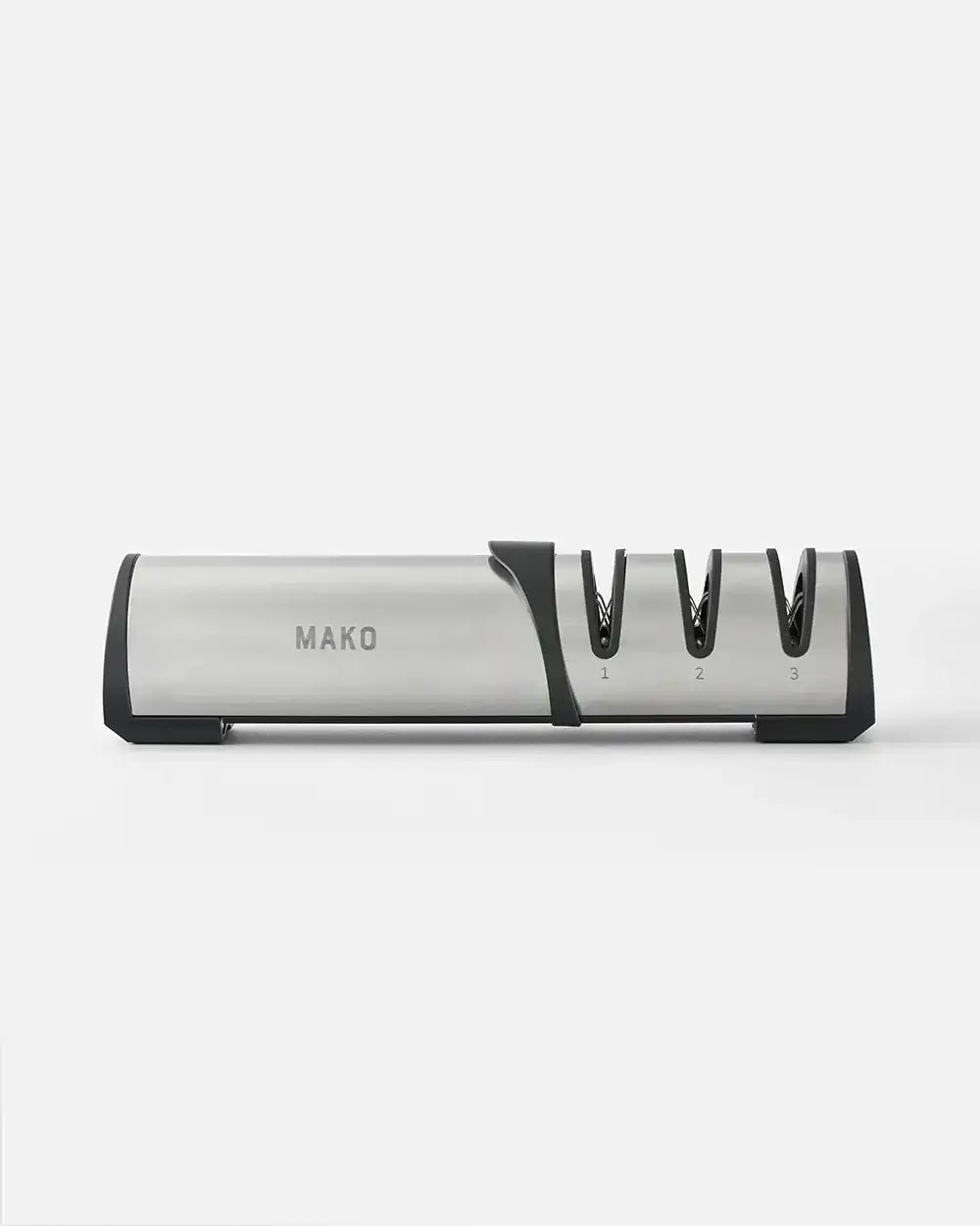Mako stainless steel 3-stage knife sharpener with black accents, designed by Marion Grasby
