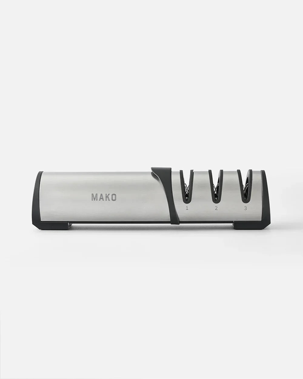 Mako stainless steel 3-stage knife sharpener with black accents, designed by Marion Grasby