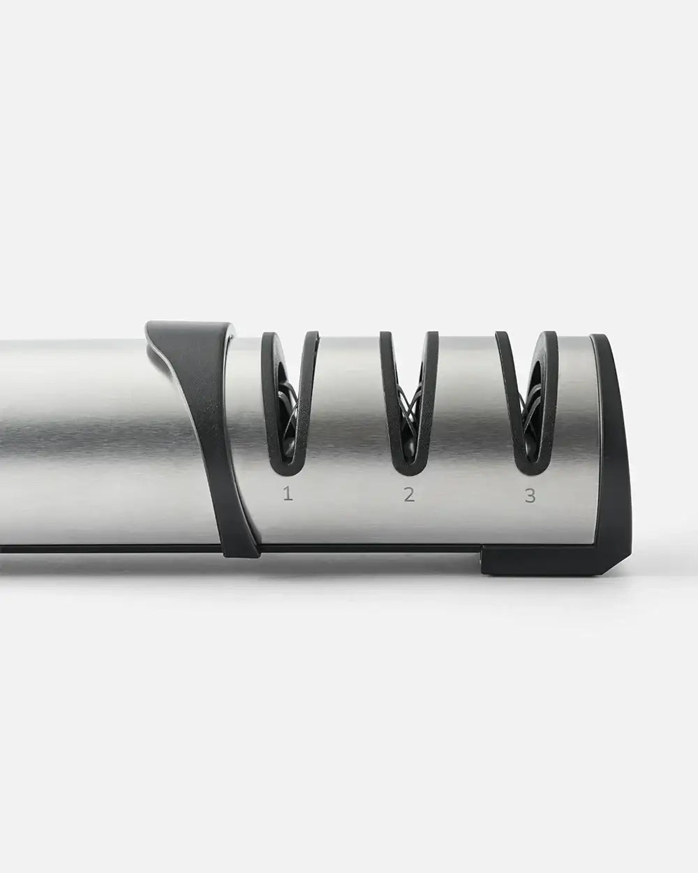 Mako stainless steel 3-stage knife sharpener with black accents, designed by Marion Grasby