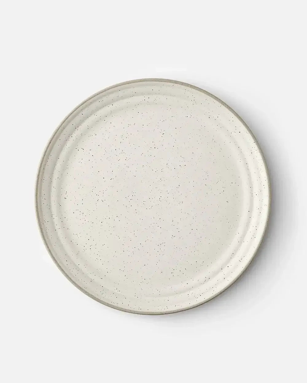 Speckled ceramic dinner plate with a subtle rim on a white background