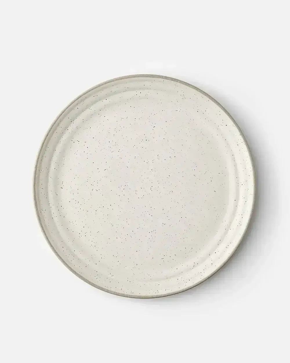 Speckled ceramic dinner plate with a slightly raised rim on a white background