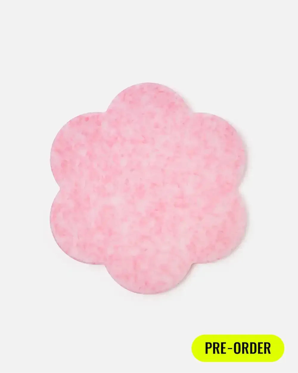 Pink flower-shaped felt coaster on white background, available for pre-order
