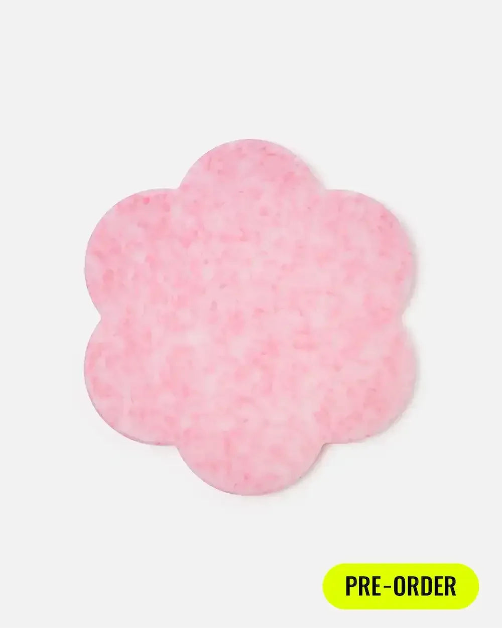 Pink flower-shaped felt coaster on white background, available for pre-order