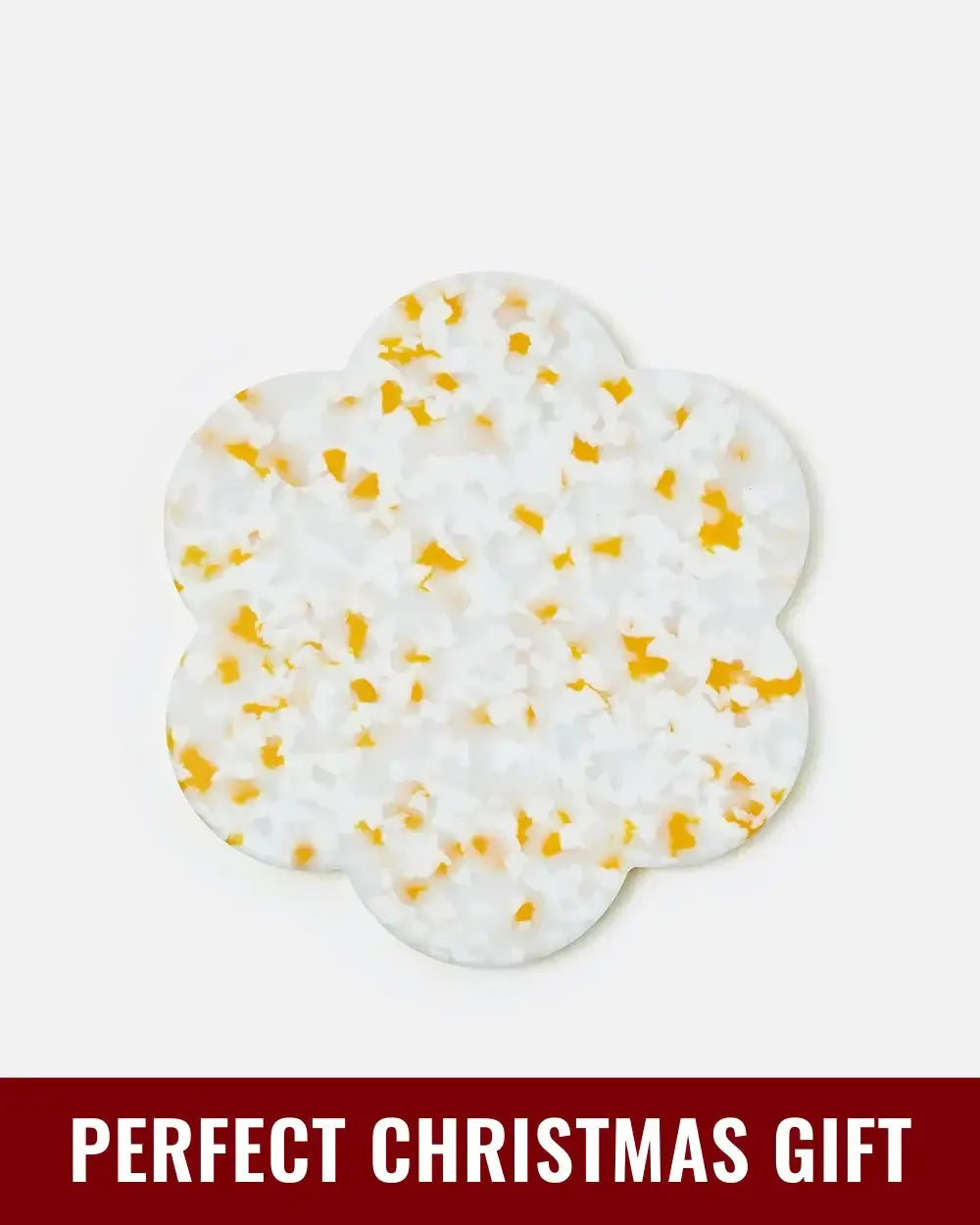 Flower-shaped white and yellow speckled resin coaster, perfect Christmas gift