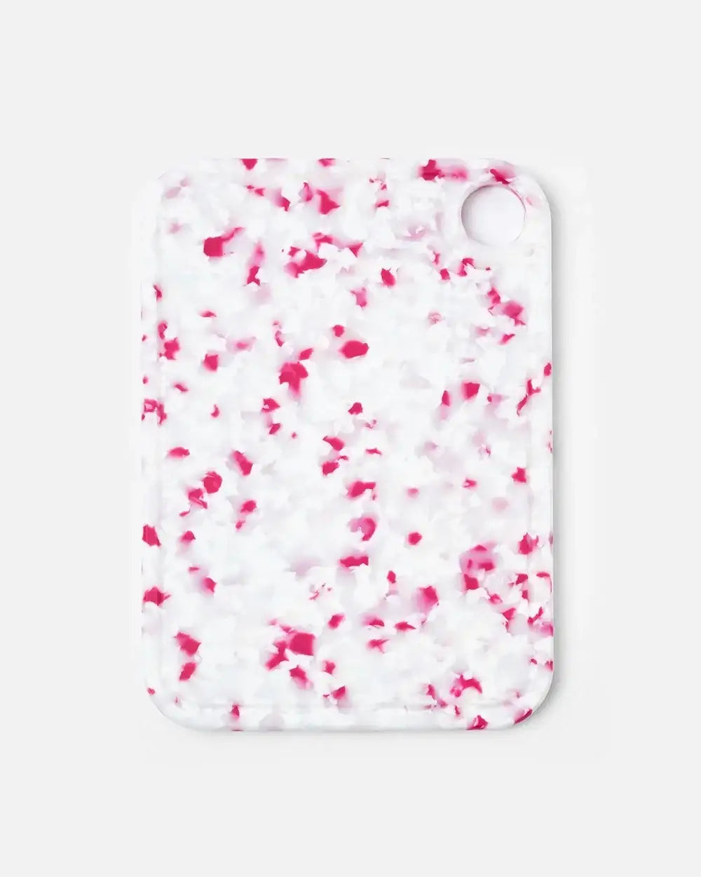 White chopping board with red scattered pattern and round hole, kitchen cutting board by Marion Grasby