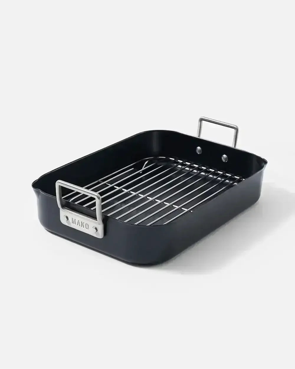 Rectangular black roasting pan with metal handles and removable rack, isolated on white background.