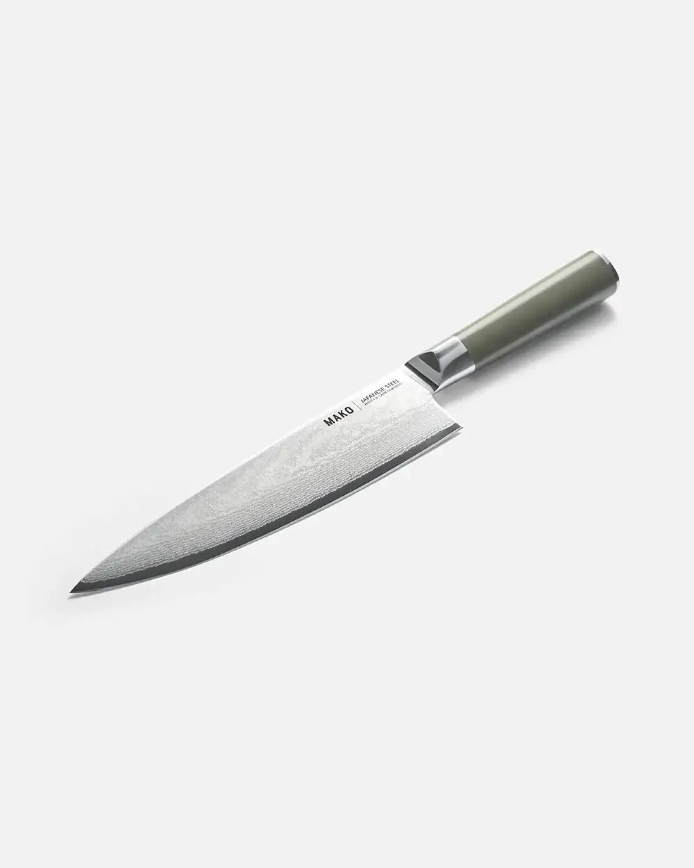 Mako chef knife with olive green handle and patterned Japanese steel blade on white background