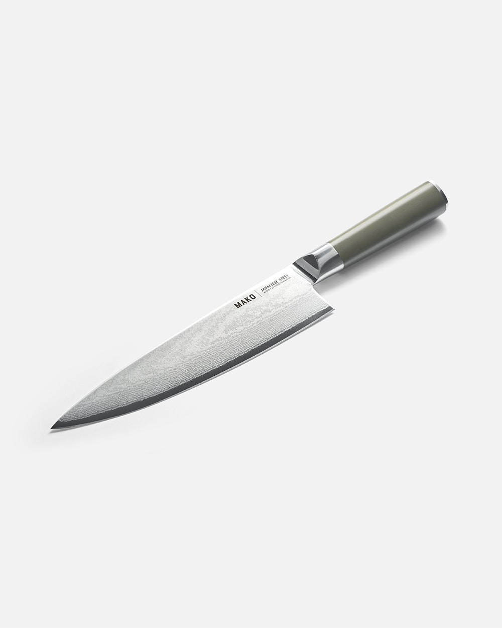 Japanese chef knife with olive green handle and Damascus steel blade on white background