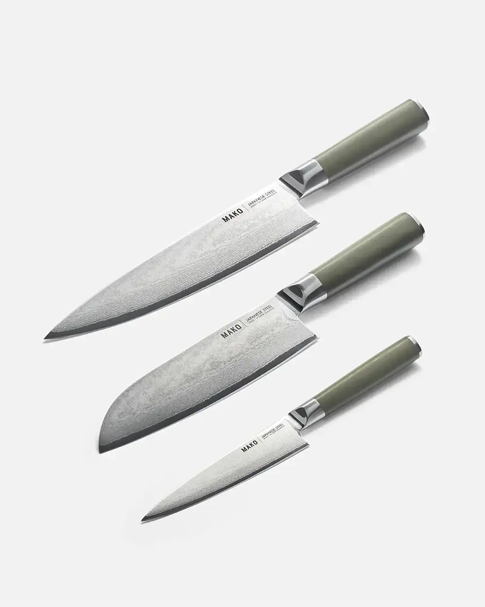 Set of three Mako kitchen knives with olive green handles and Japanese steel blades, Marion Grasby collection