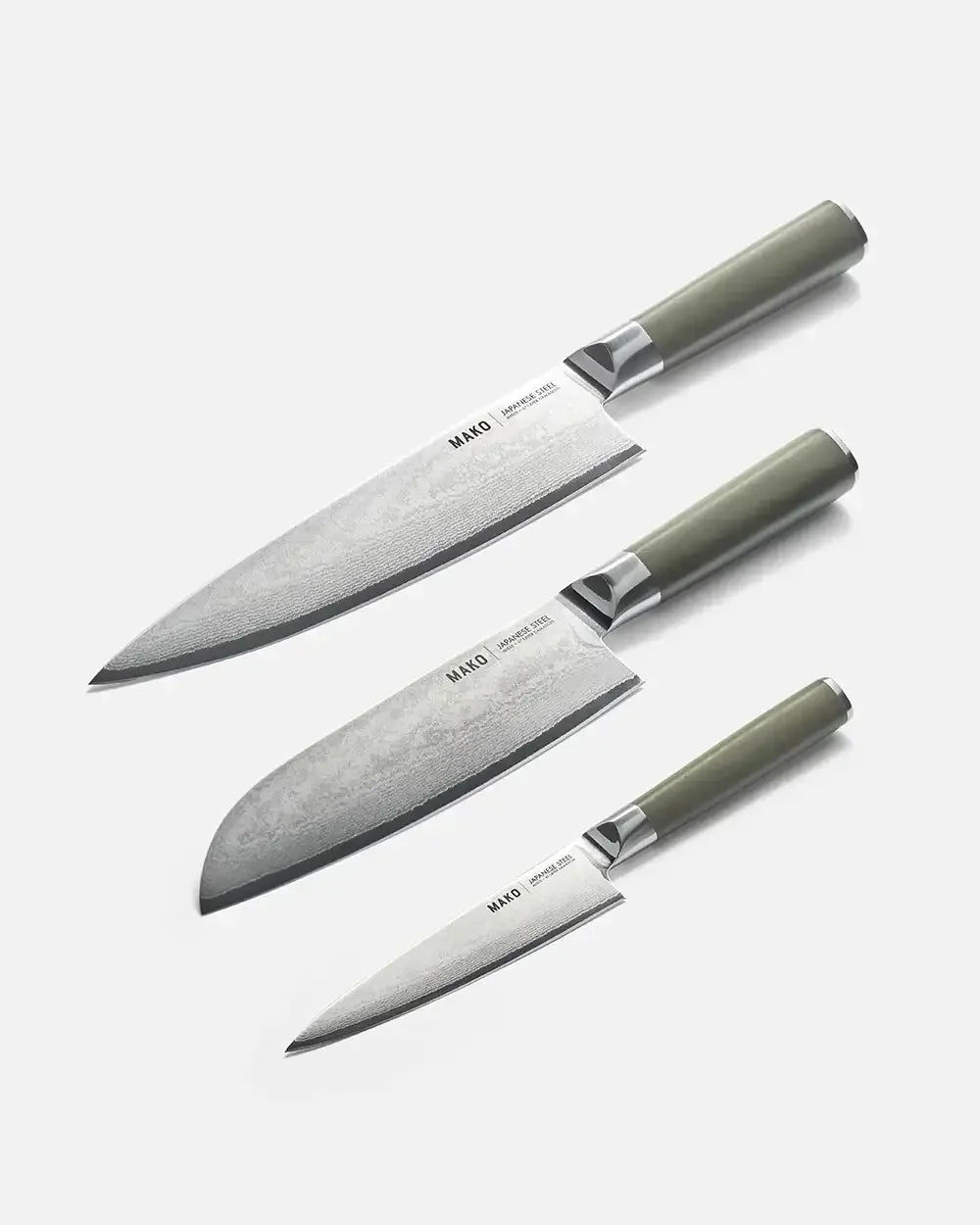 Three Japanese steel kitchen knives with olive handles on a white background.