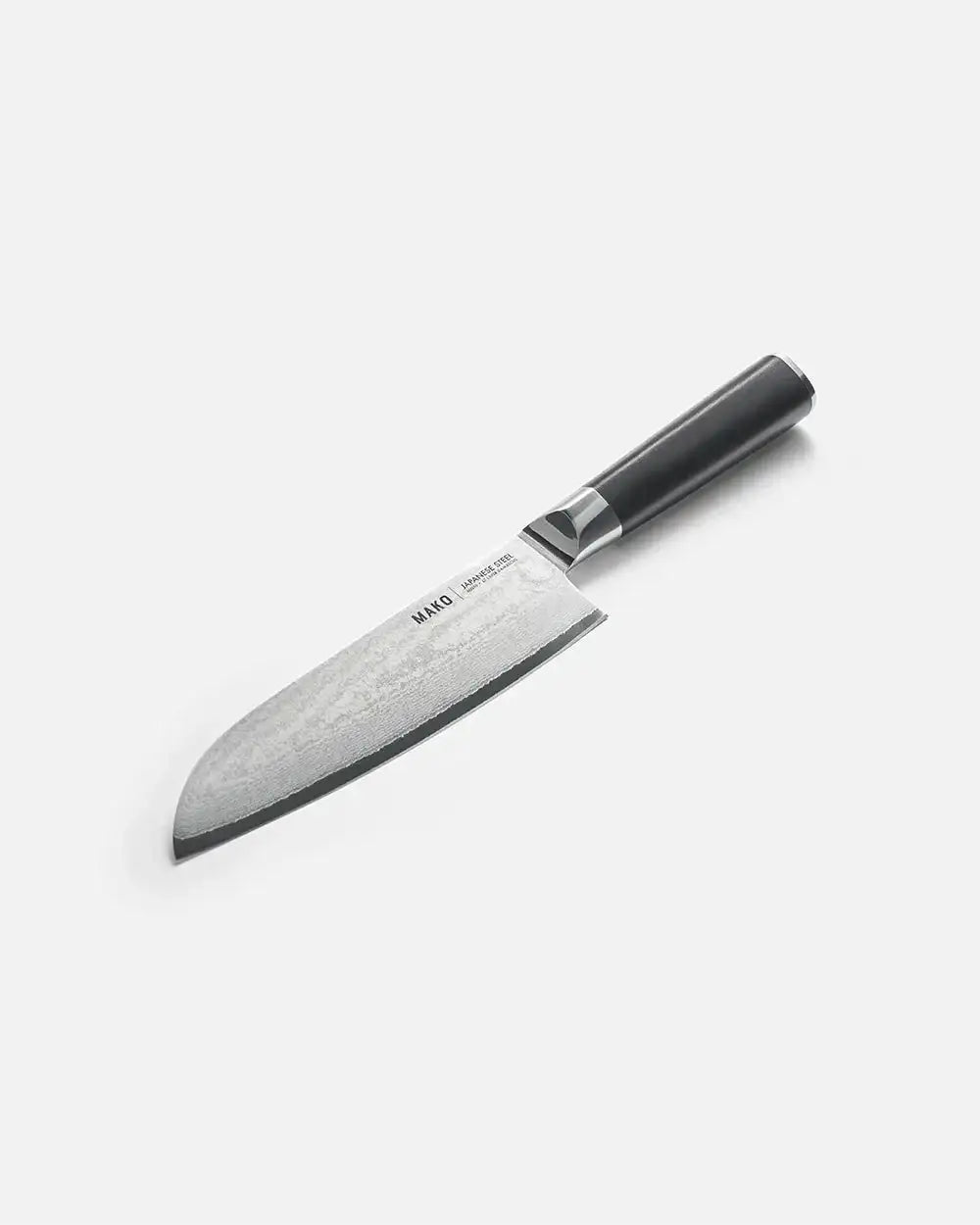 Mako Santoku knife with black handle and Japanese steel blade, designed by Marion Grasby