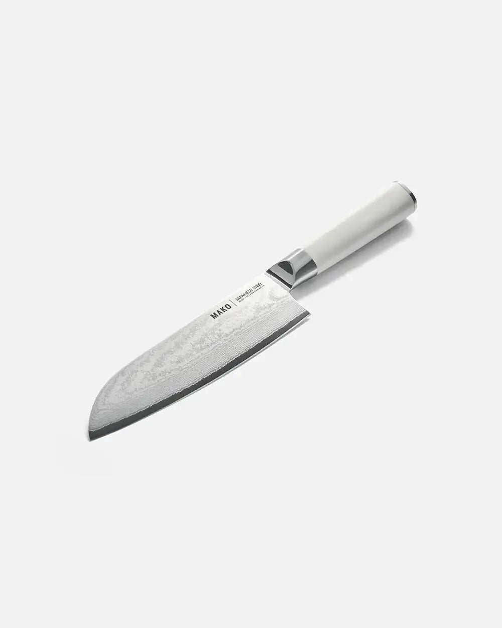 Japanese steel Santoku knife with cream handle on white background