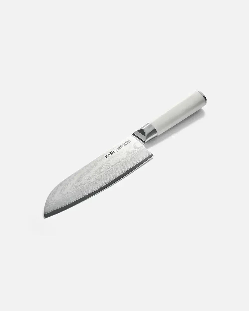Japanese steel Santoku knife with cream handle on white background