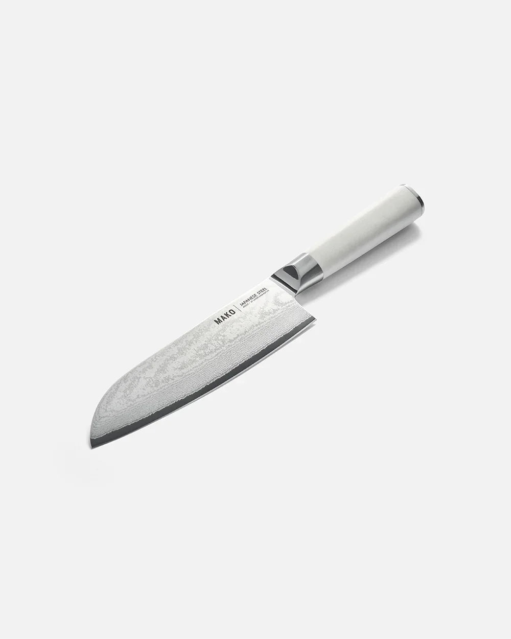 Japanese steel Santoku knife with cream handle on white background