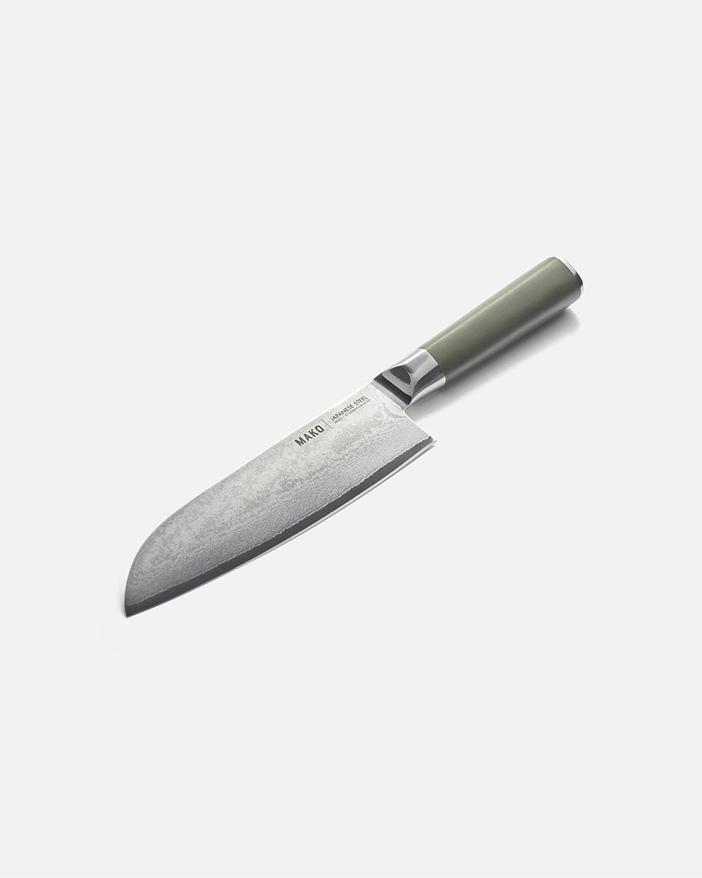 Japanese Santoku kitchen knife with olive green handle on white background