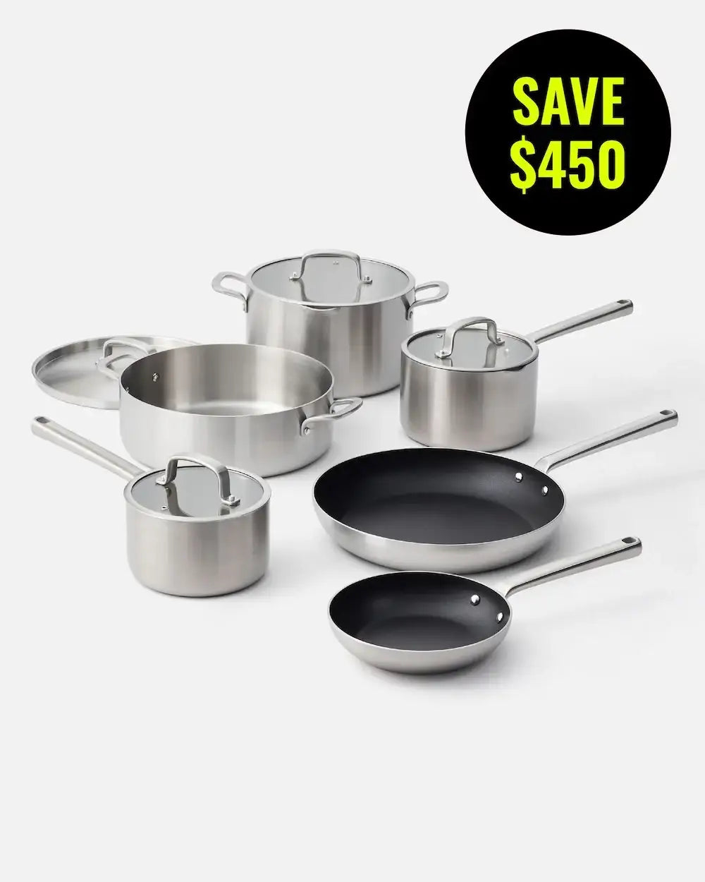Six-piece stainless steel cookware set with lids, nonstick frying pans, and save $450 label.