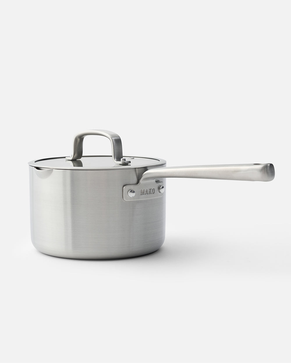 Stainless steel saucepan with lid and long handle on white background