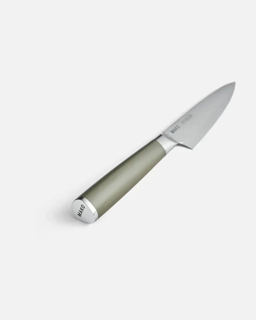 Mako utility kitchen knife with olive green handle and stainless steel blade on white background