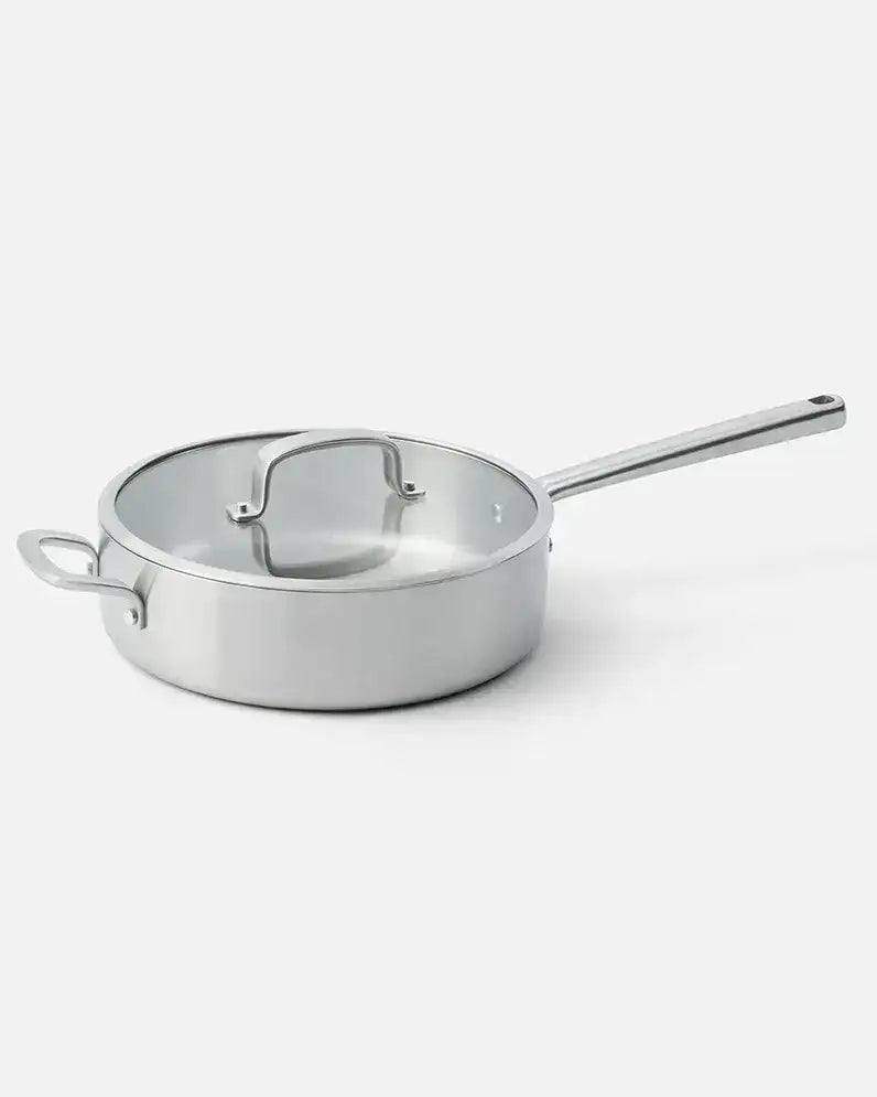 MAKO Genius 5-Ply 26cm Saute Pan With Lid side angle on white background with lid on pan