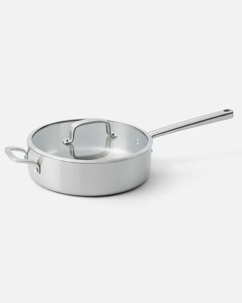 MAKO Genius 5-Ply 26cm Saute Pan With Lid side angle on white background with lid on pan