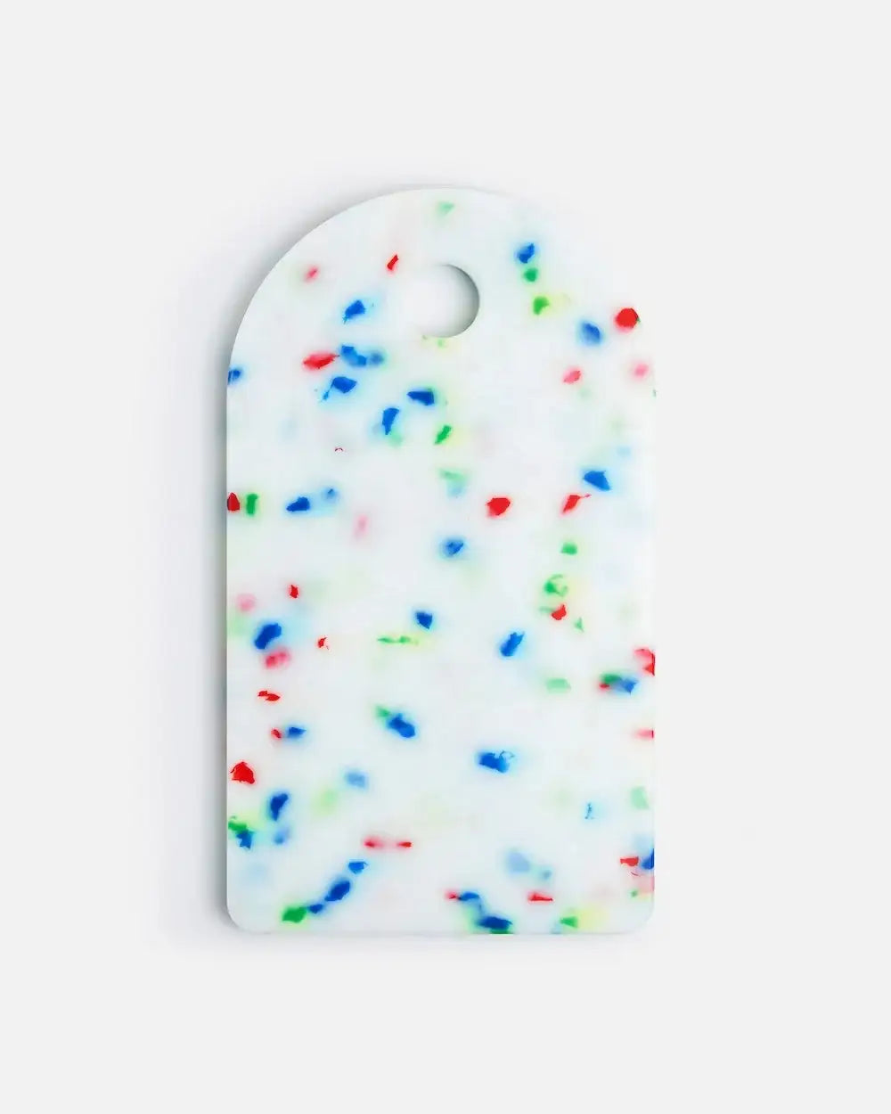 Marion Grasby Mako colorful sprinkle pattern white cutting board with hole