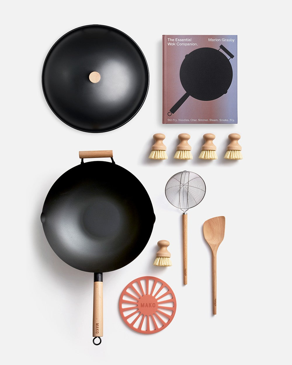 MAKO Black Steel 14 Wok Essentials Set Flat lay on white background