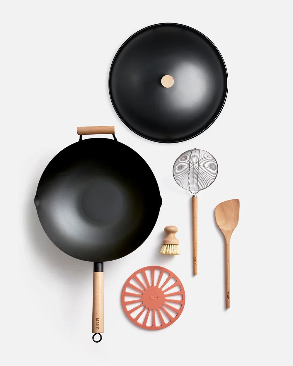 MAKO Black Steel 14 Wok & Lid Set - CookDineHost flat lay on white background