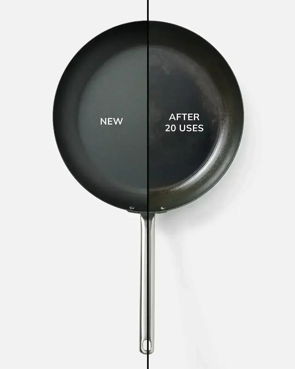 Black steel frying pan showing new and seasoned patina after 20 uses, comparison view