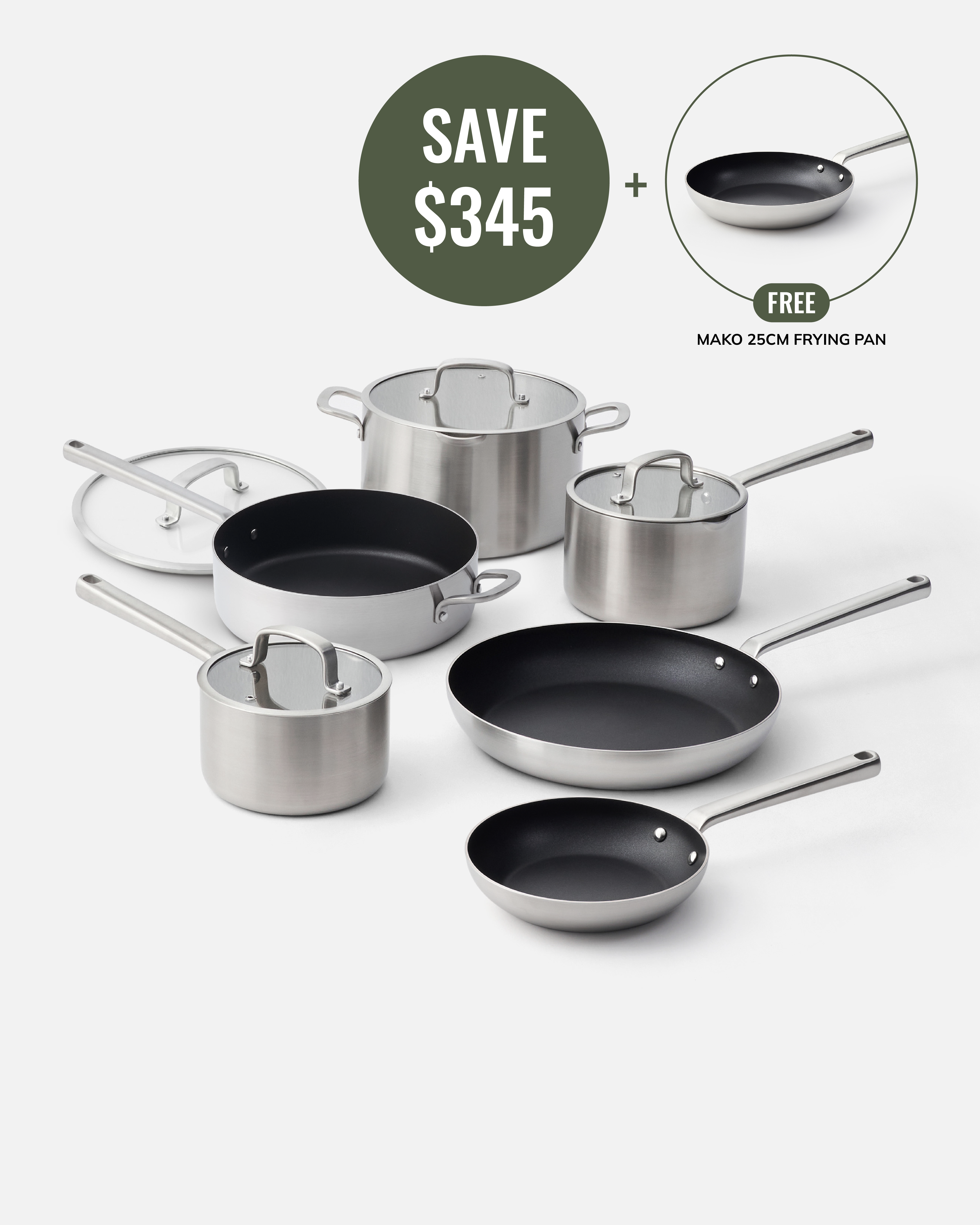 A set of stainless steel cookware with black non-stick interiors, including multiple saucepans, two frying pans, and lids, arranged on a light gray background. A green promotional badge at the top reads 'SAVE $345' and an inset shows a free makro 25cm frying pan.