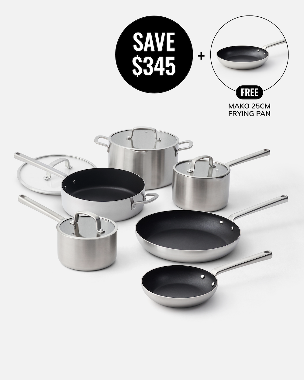 MAKO 5-Ply Signature Set (6-piece) Free 25cm non-stick frying pan Save $345