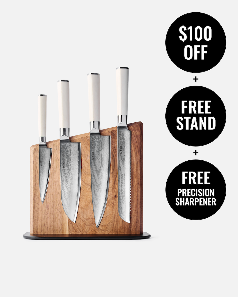 MAKO Japanese Steel Knife Set of 4 - Cream Magnetic Stand $100 Off Free Stand Free Precision Sharpener