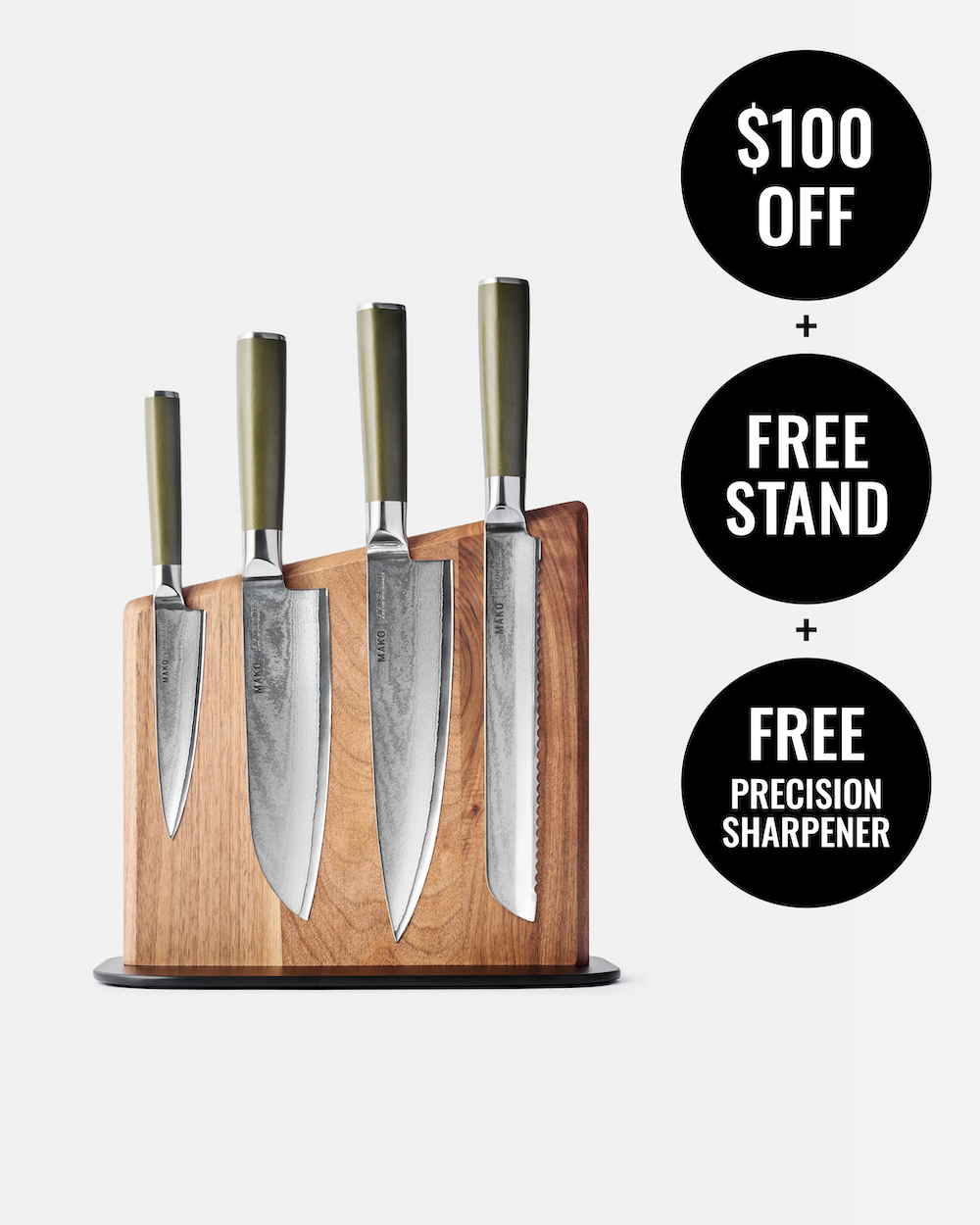 MAKO Japanese Steel Knife Set of 4 - Olive Green Magnetic Stand $100 off Free Stand Free Precision Sharpener