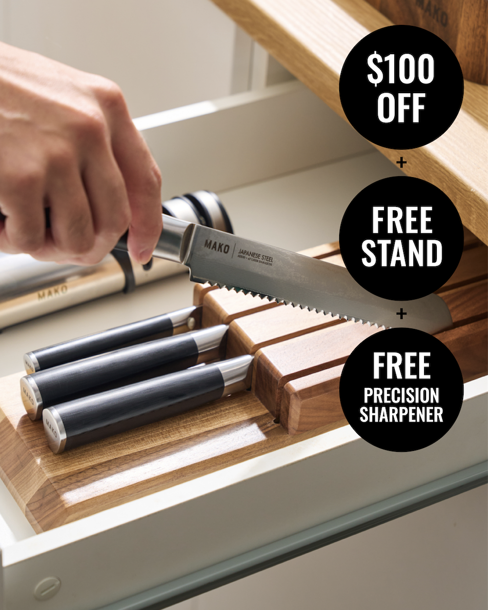MAKO Japanese Steel Knife Set of 4 - Black In Drawer $100 off Free Stand Free Precision Sharpener