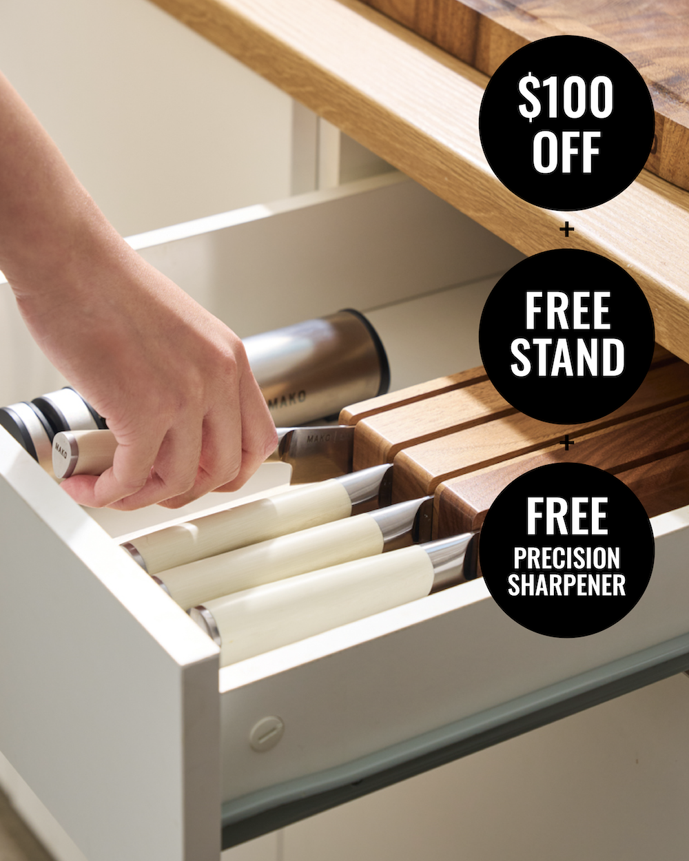 MAKO Japanese Steel Knife Set of 4 - Cream In Drawer $100 Off Free Stand Free Precision Sharpener