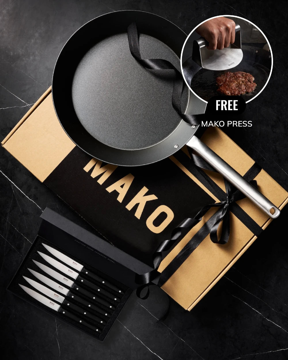 MAKO Steak Night Gift Set on gift box with ribbon and steak knives
