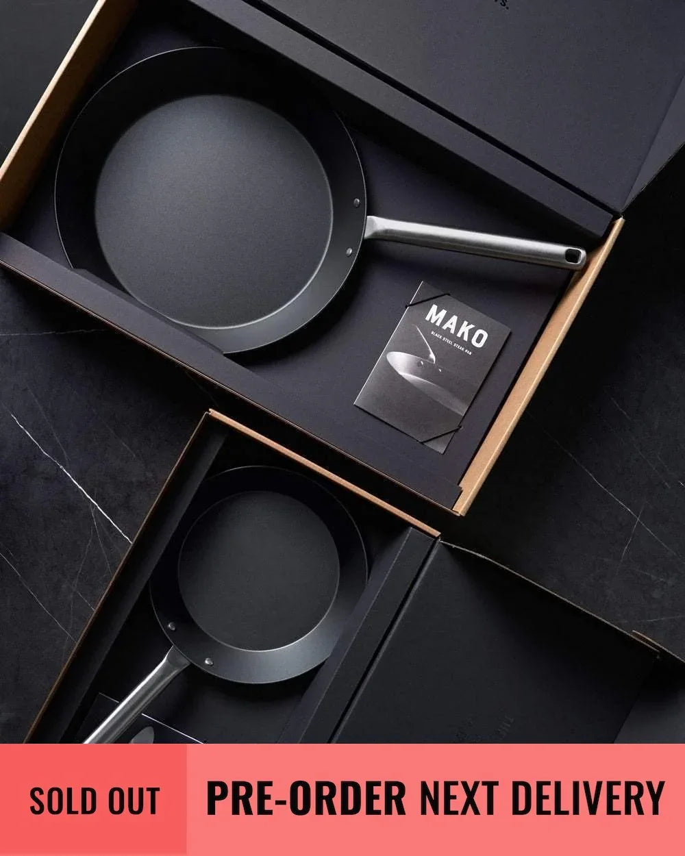 Mako black steel steak pans with metal handles in black gift boxes, sold out and available for pre-order