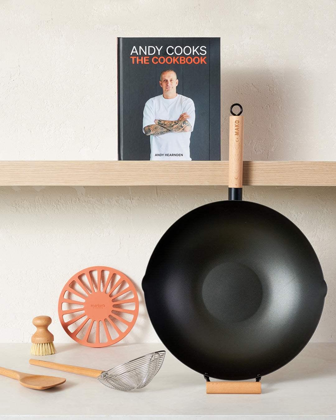 Andy Cooks The Cookbook & Mako Black Steel 14 Wok Kit - only available at CookDineHost styled wok set and book
