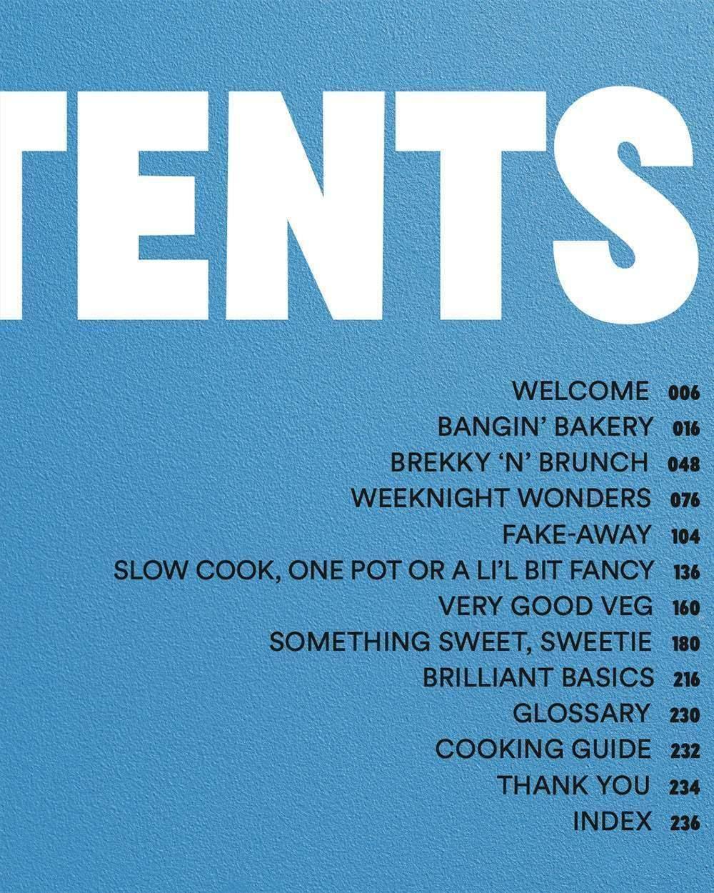 Cookbook contents page with chapter titles on a textured blue background.