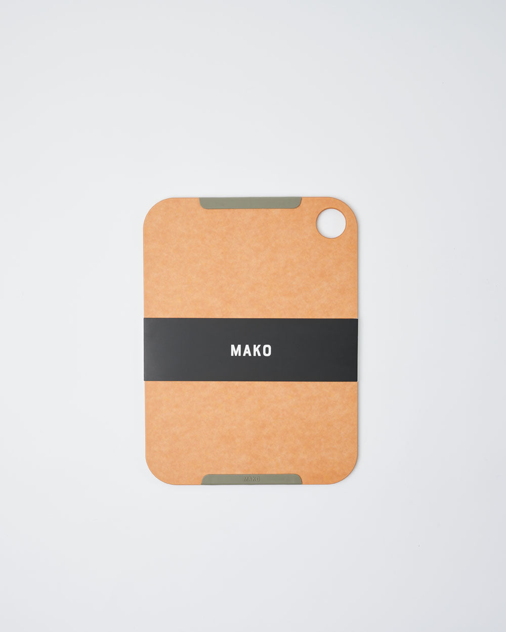 Large rectangular non-slip wood fibre chopping board with rounded corners and hole in corner