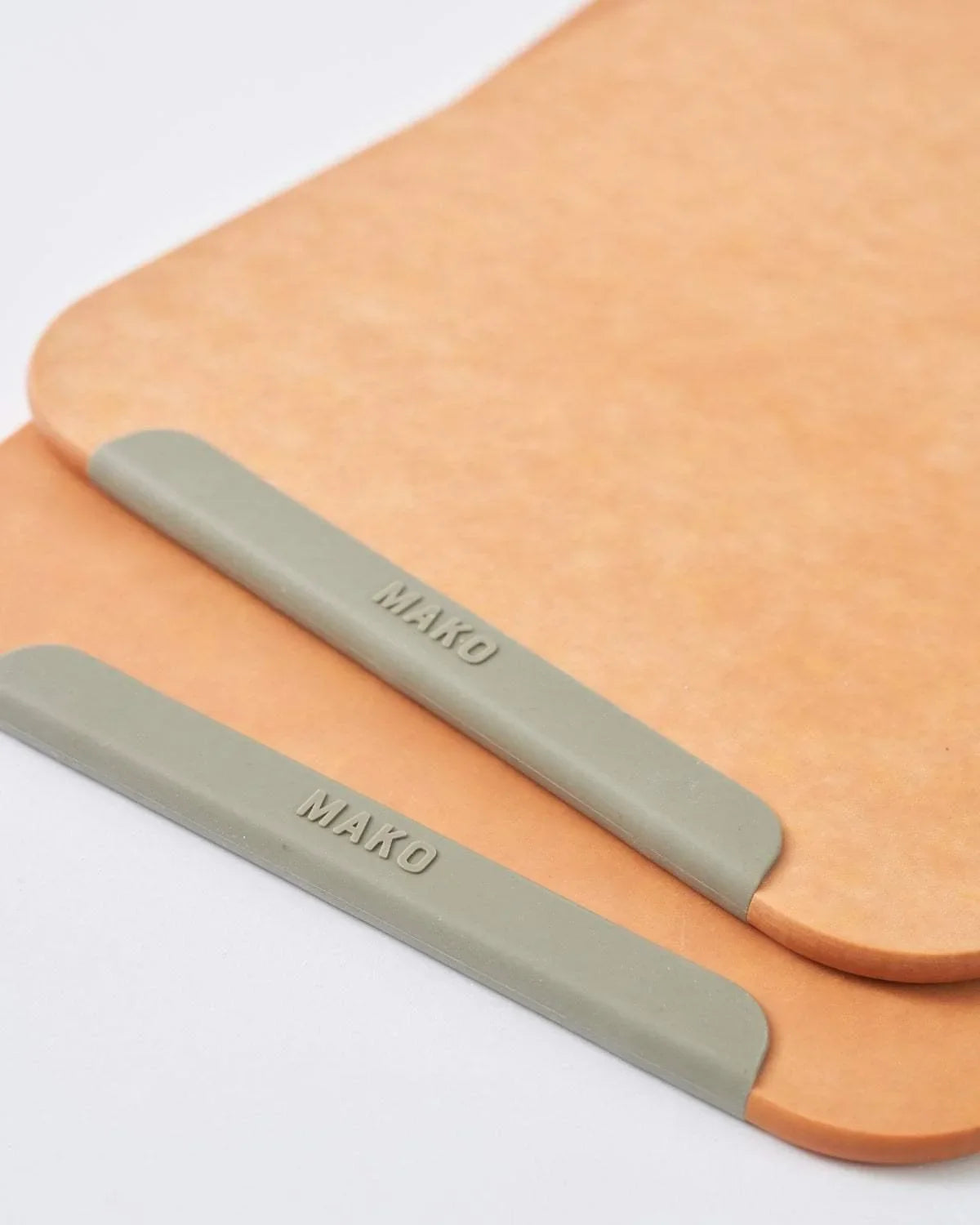 Set of 2 small Mako non-slip wood fibre chopping boards in beige with green edges, Marion Grasby kitchenware