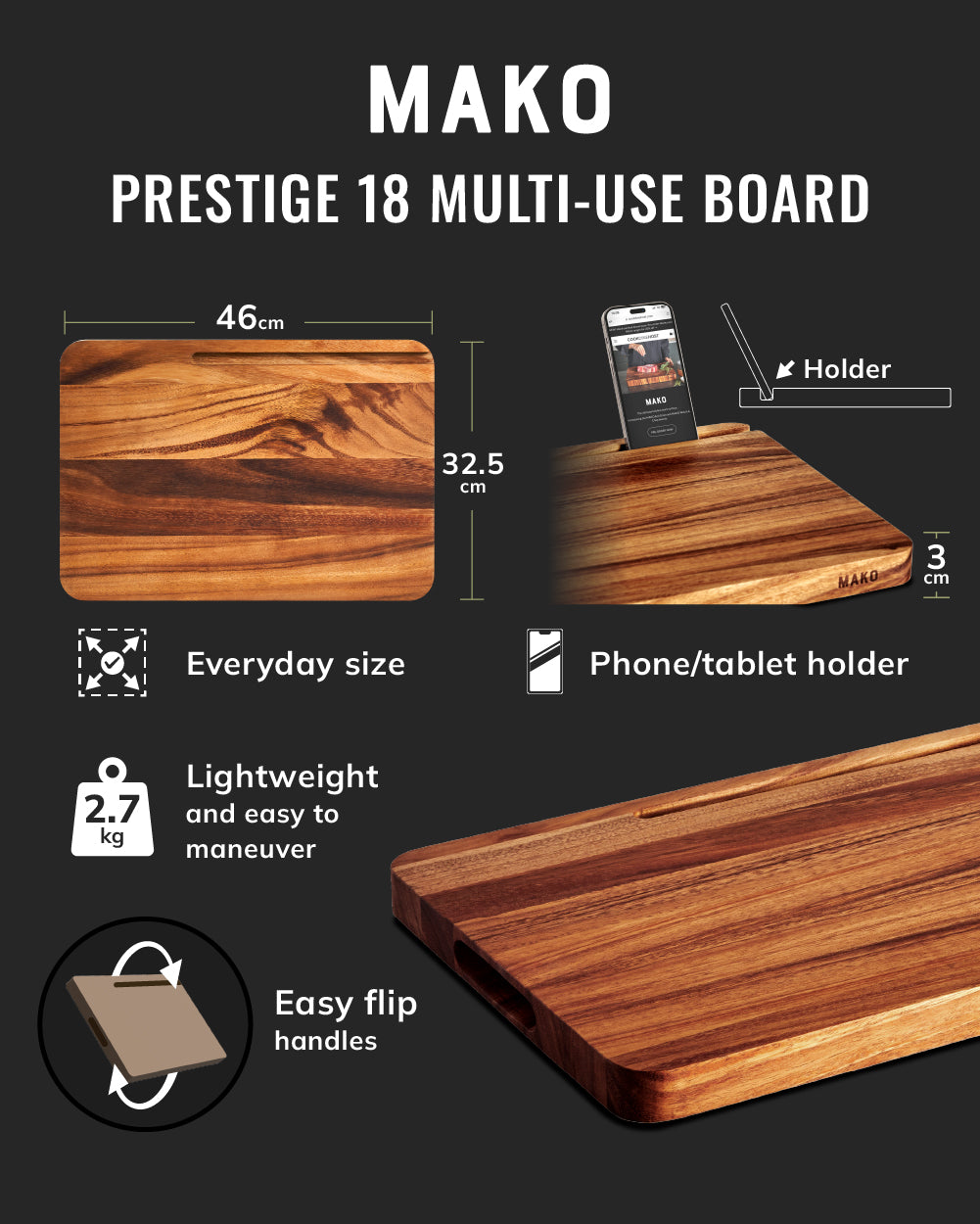 Large wooden multi-use chopping board with phone holder, flip handles, and dimensions labeled.