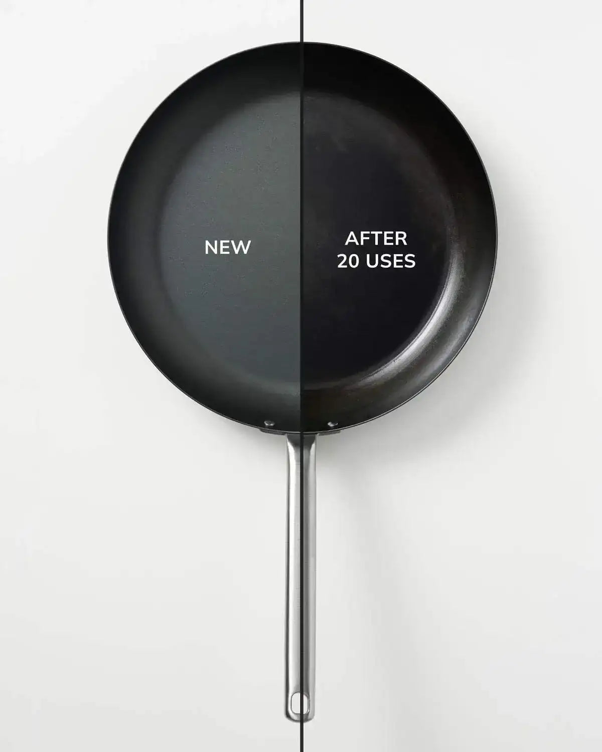 Mako black steel frying pan new vs after 20 uses showing seasoning transition, Marion Grasby