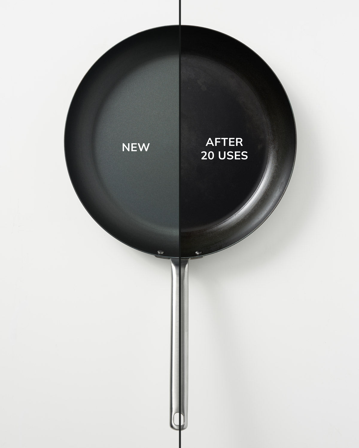 Black steel frying pan showing new versus after 20 uses, durable nonstick cookware